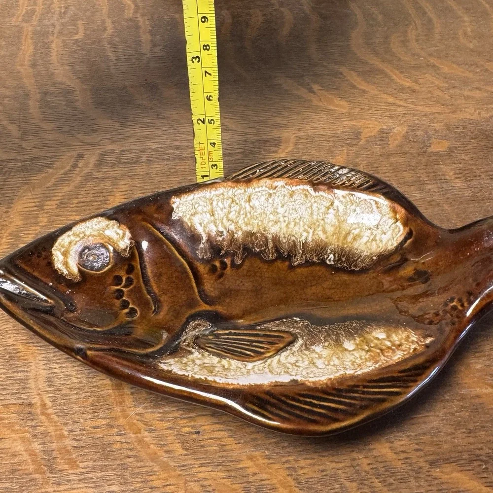 Vintage Ceramic Fish Shaped Serving Dish Brown Cream Glaze 9
